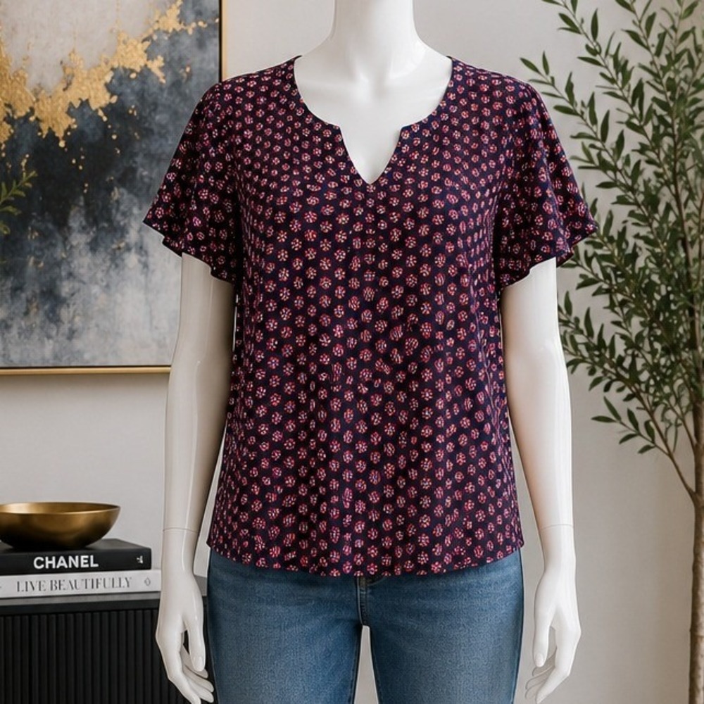 Croft & Barrow Womens Top Red Blue Geometric Floral Split Neck 1X